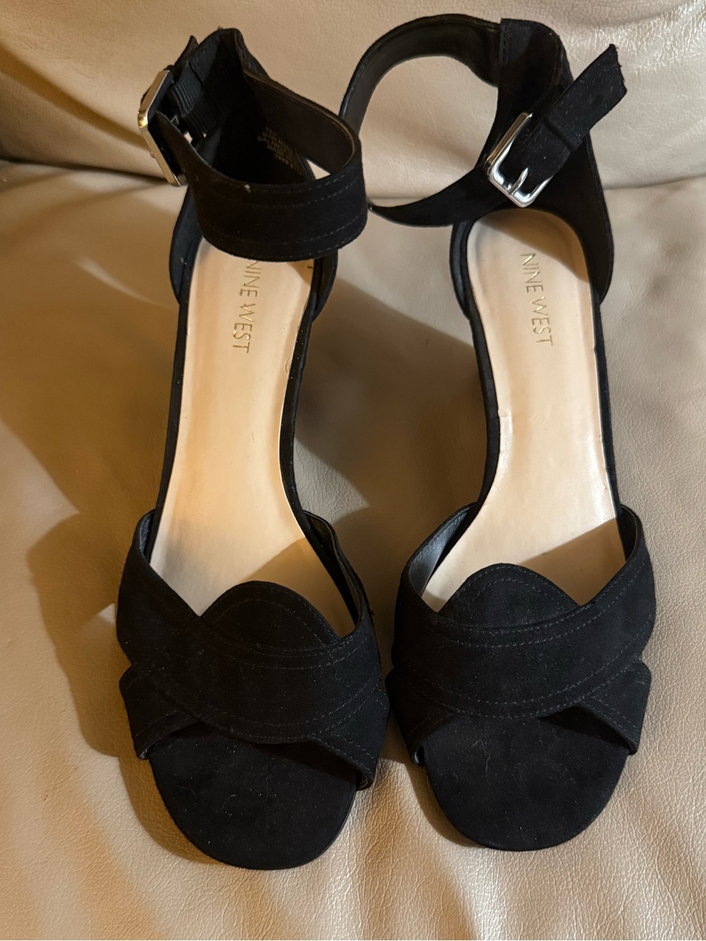 Nine West Black Suede Ankle-Strap Wedge Sandals
